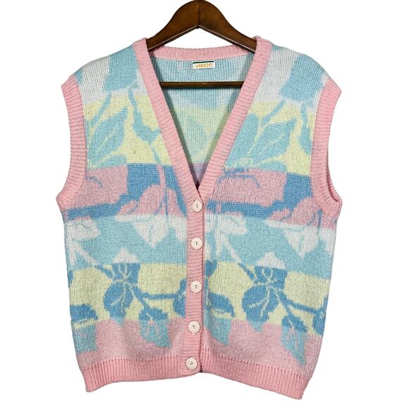 Vintage Vision Pastel Cardigan Sweater Vest Sleeveless Pink Blue - M - Picture 1 of 6
